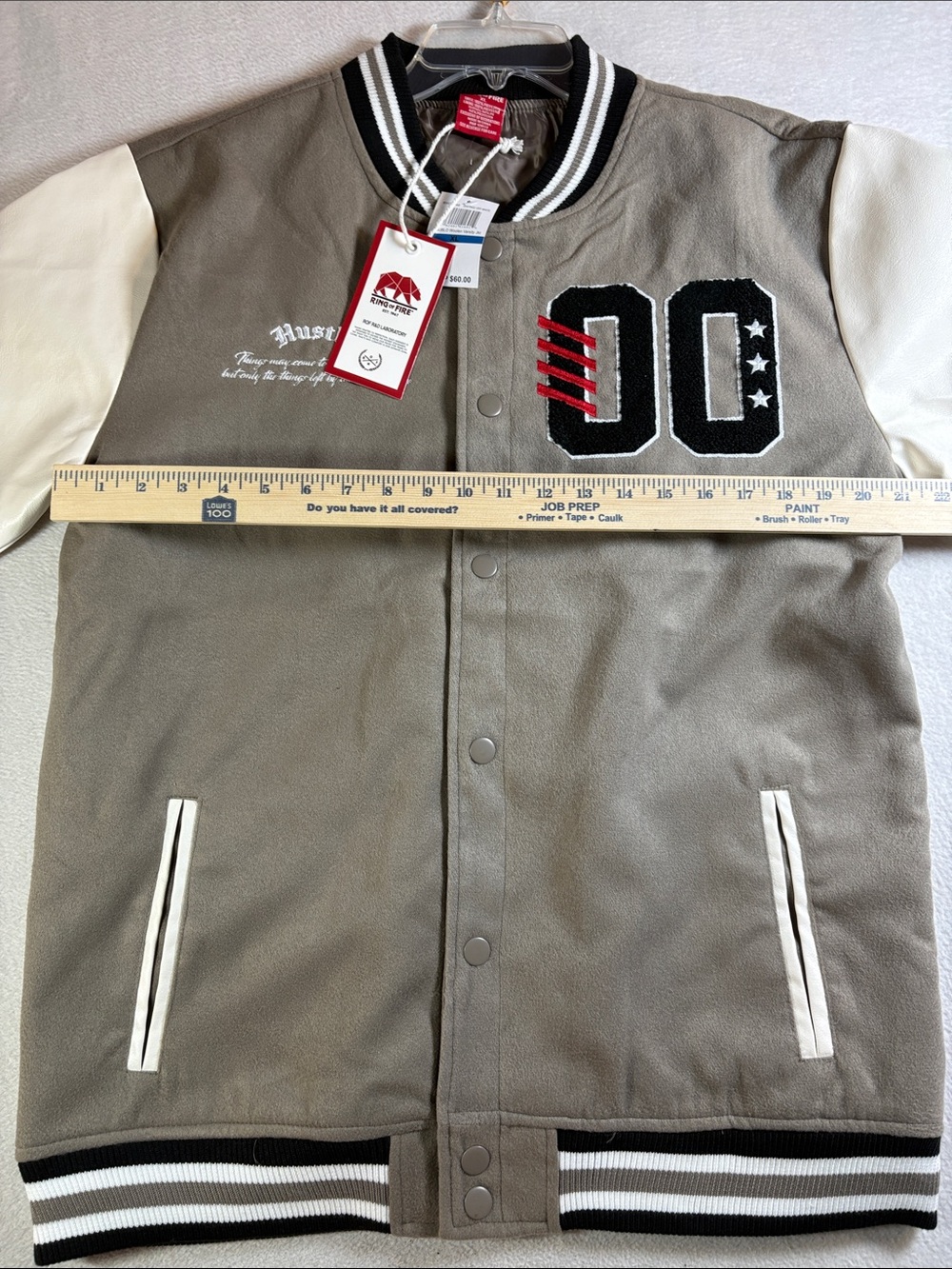 Ring of Fire Olive and White Embroidered Varsity Jacket - Picture 5 of 9
